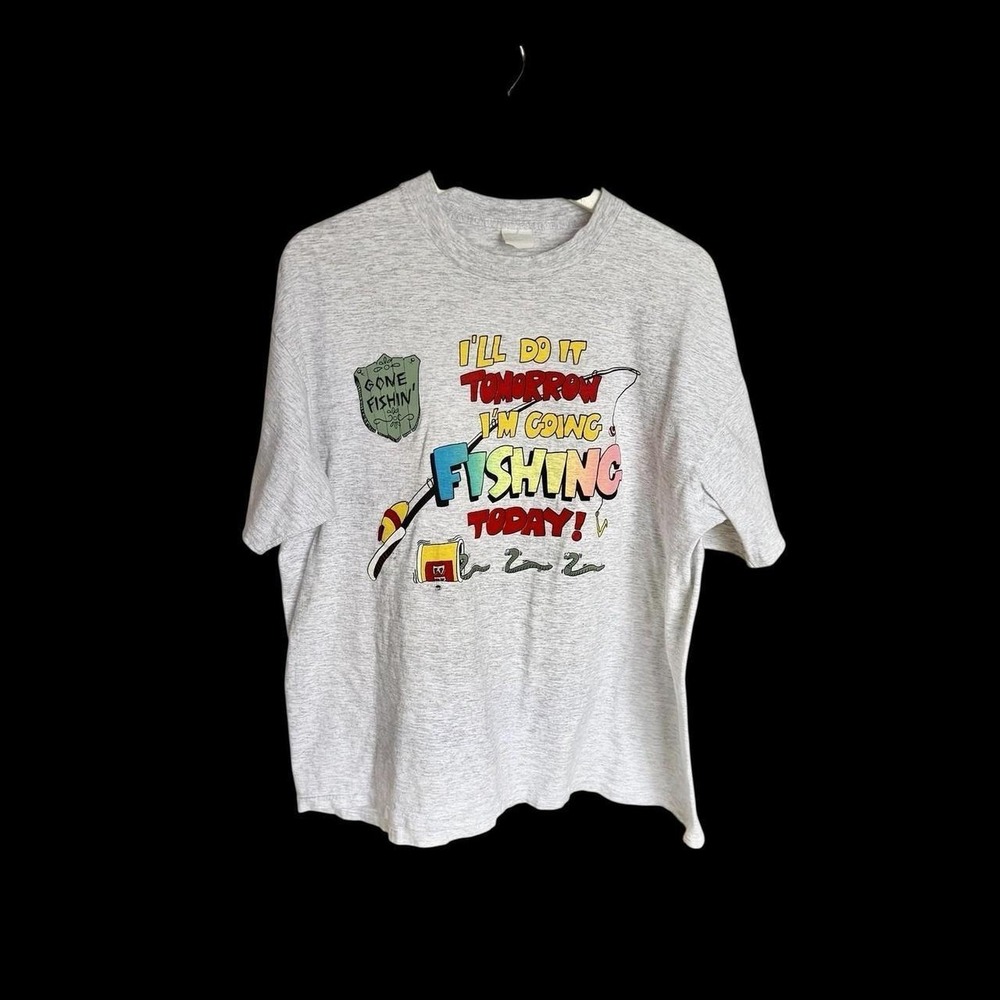 Vintage 80's Fishing Tshirt Men Sz L/XL Grey Distressed Funny